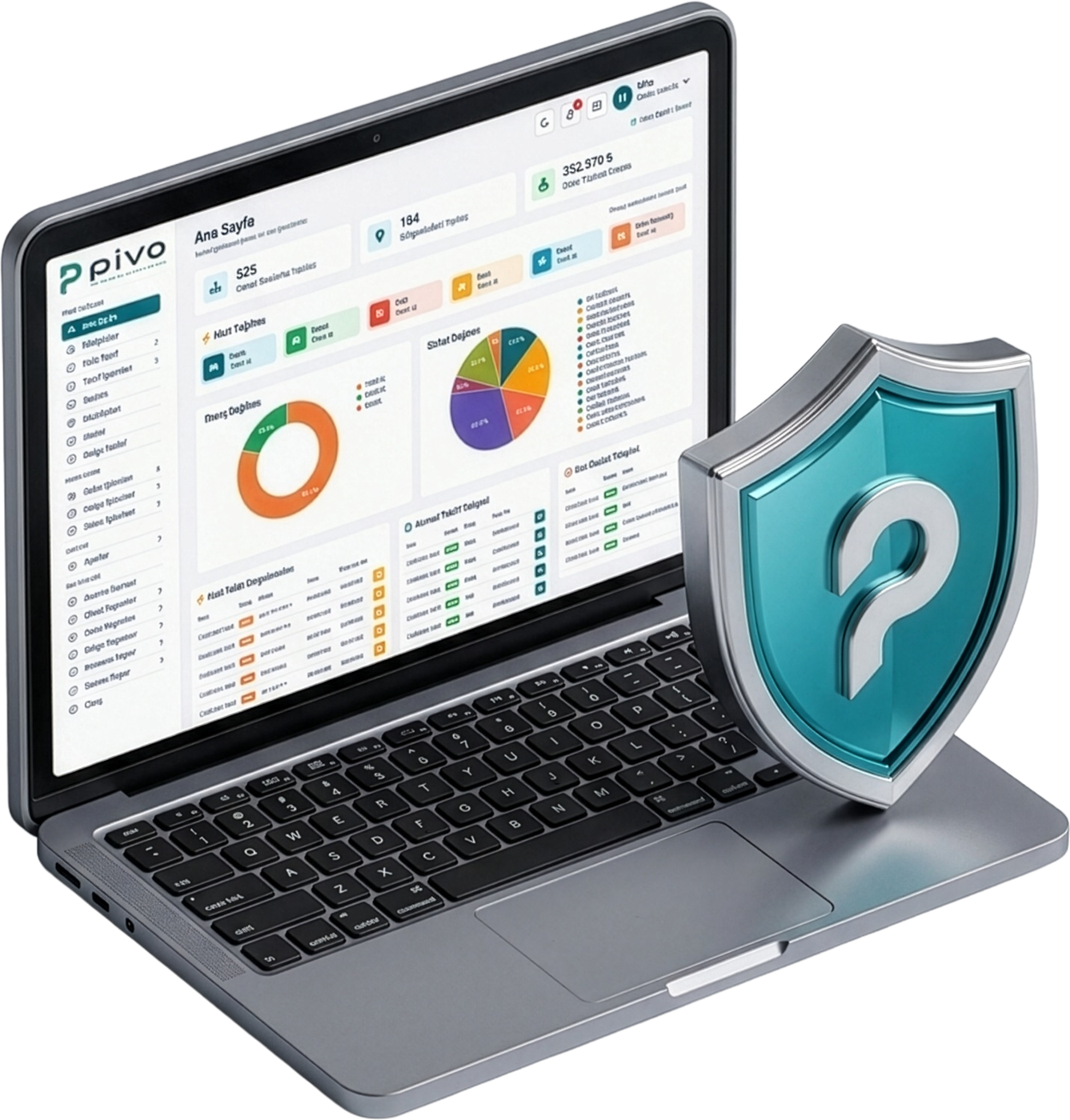 PIVO sigortacılık paneli — laptop ve güvenlik kalkanı